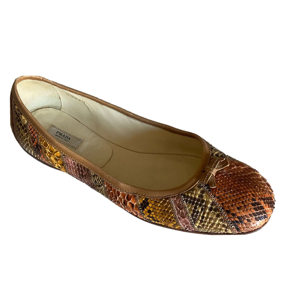 Prada Ballet Flat Leather Snake Python Patchwork Bow Brown Beige Orange 35.5